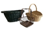 (3) Baskets: Green Painted Basket 24” Long,