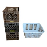 (3) Plastic Borden's Crates, (1) Laundry Basket