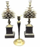 (3) Brass Candlesticks: Pine Cone Pair 16” Ta