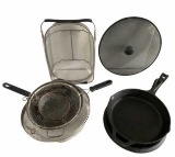 assorted Cast Iron Pans and sieves