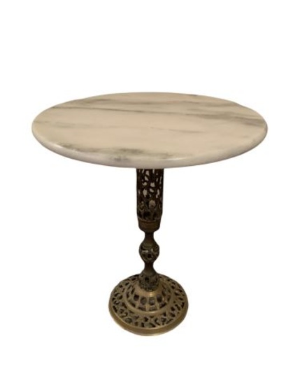 Marble Top Brass Plant Stand - 15" D, 17 1/2" H