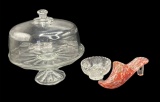 (3) Glass Items: Covered Cake Plate, Decorative