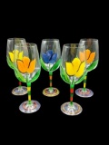 (5) Hand painted Wine Glasses