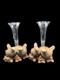 (2) Ruffled Edge Vases in Figural Resin Bases