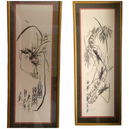 Pair of Framed, Matted & Signed Asian Prints 14”