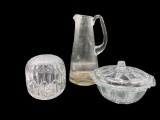 Hand Blown Glass Pitcher, (2) Covered Dishes