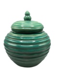 Green Handpainted Pottery Urn with Lid - 12” D,