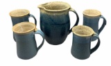 Signed Pottery Pitcher & 4 Mugs