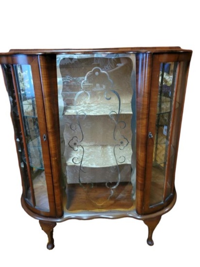 Antique Curio Cabinet with Curved Glass Doors, Cabriole Legs
