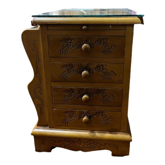 Carved Wood End Table - 4 Drawers, Pull-Out