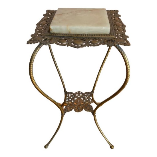 Antique Ornate Brass Marble Top Plant Stand -
