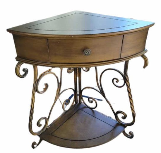 Metal and Wood 1-Drawer Corner Table