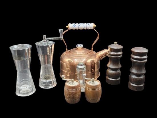 Copper Tea Kettle & Assorted Salt/Peppers