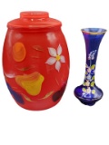 (2) Handpainted Glass Items: Cookie Jar, Vase