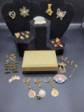 Decorative Jewelry Box & Assorted Brooches and
