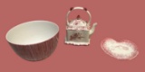 (3) Red/White Serving Pieces: Teapot, Bowl,