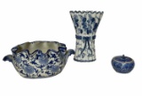 (3) Blue and White Items: Planter 13” Long, Vase