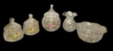 (3) Glass Hand-Painted Jars, Glass Vase & Dish