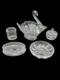 Assorted Glass Items: Swan Bowl, Covered Trinket