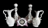 Porcelain Clock, Pair of Ewers, Pair of Decanters