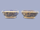 (2) Antique Footed 2 Handled Blue Willow Tureens