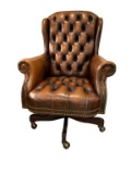 Leather Desk Chair with Brass Tacks, Tufted Seat