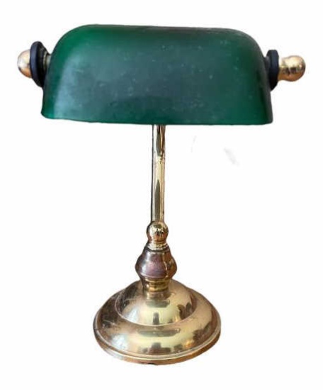 Tiny Brass Desk Lamp w/Green Glass Shade 7.5"