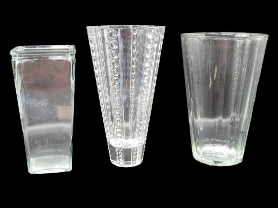 (3) Glass Vases: 9", 10", 11" Tall