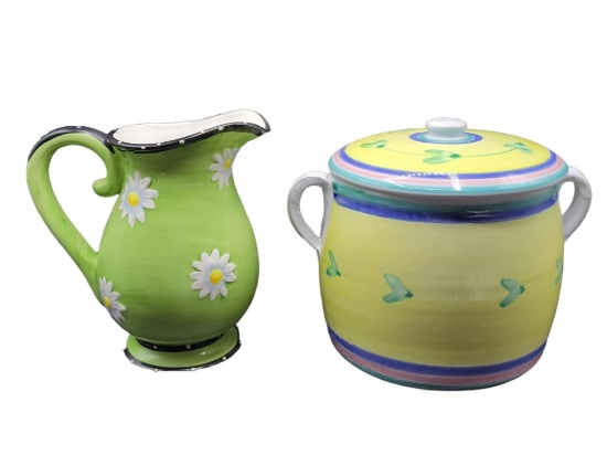 (2) Painted Ceramic Items: Cookie Jar, Pitcher
