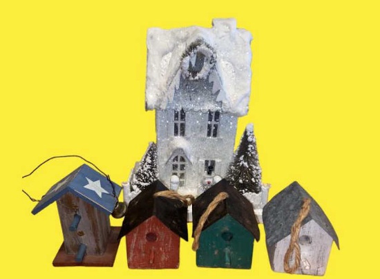 Bethany Lowe Christmas Birdhouse and (4) Wood and Metal Birdhouse Ornaments