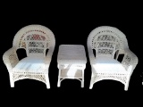 (2) White Wicker Chairs and Side Table