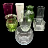 (7) Glass Vases and (1) Metal Vase