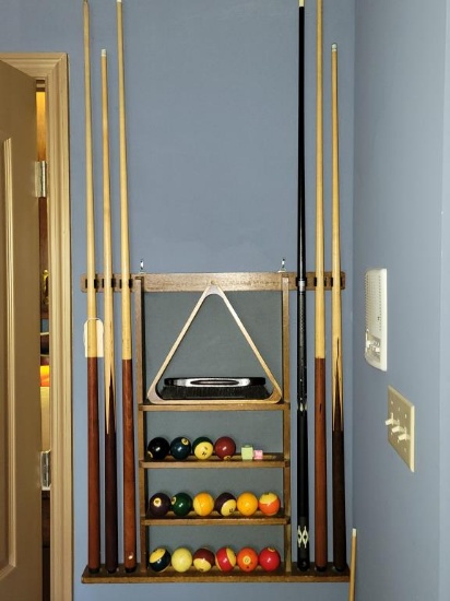 Cue Stick Wall Rack, (6) Cue Sticks, Balls with