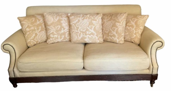 Upholstered and Wood Sofa with Brass Tacks