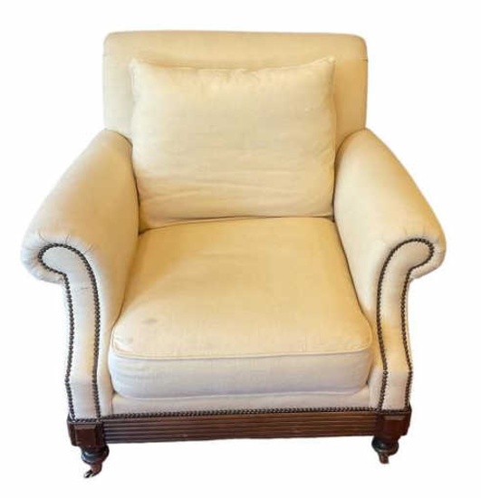Upholstered and Wood Chair with Brass Tacks