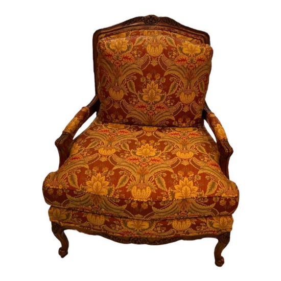 Carved Wood and Upholstered Arm Chair -