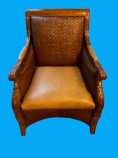 Wooden and Rattan Armchair with Leather