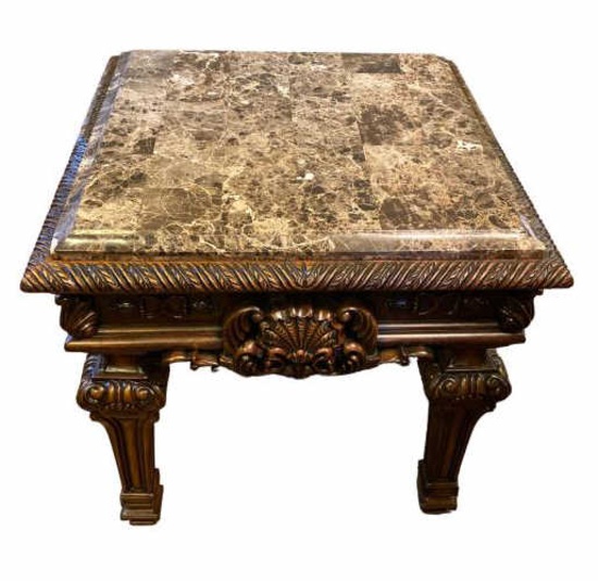 Ornately Carved Marble Top End Table -28" Square,