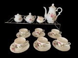 “Moss Rose” Demitasse Set:  Coffee Pot, (6) Cups