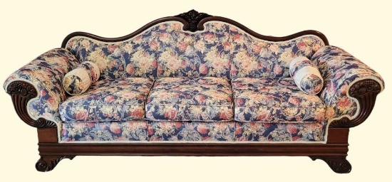 Upholstered Sofa With Braided Trim, Carved