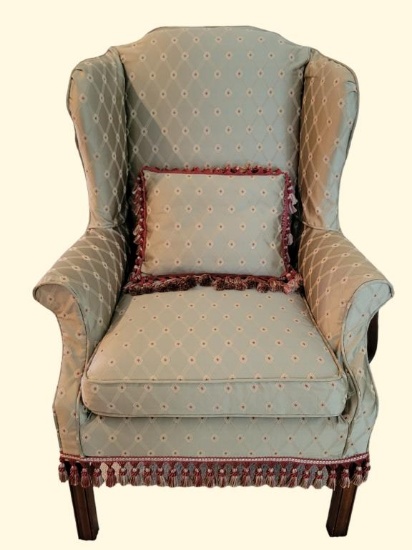 Upholstered Wing Back Chair w/Fringe Trim and