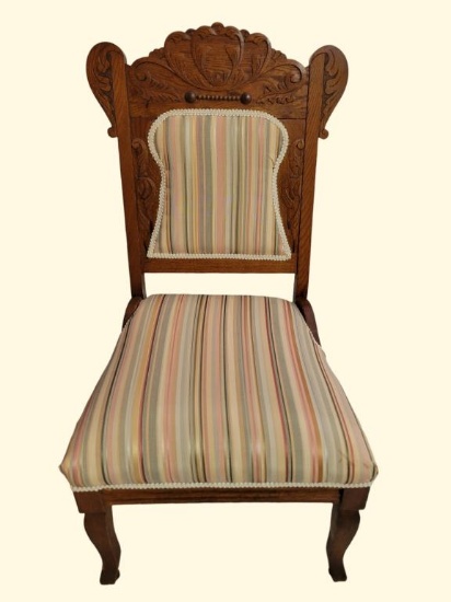 Antique Carved Upholstered Chair w/ Front Casters