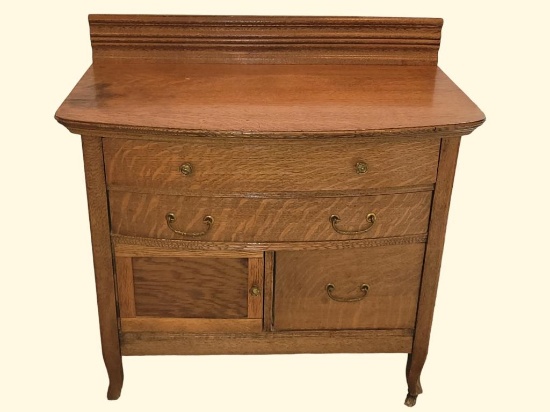 3-Drawer, 1-Door Oak Chest, Casters & Dovetail