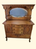 Antique Oak Sideboard w/Mirror, Carved Applied