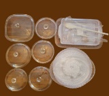 Assorted Plastic Serving Pieces and Glass Lids