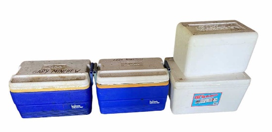 (2) Igloo Legend 40 Coolers, (2) Styrofoam