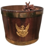Round Wooden Bucket with Metal Trim and Brass