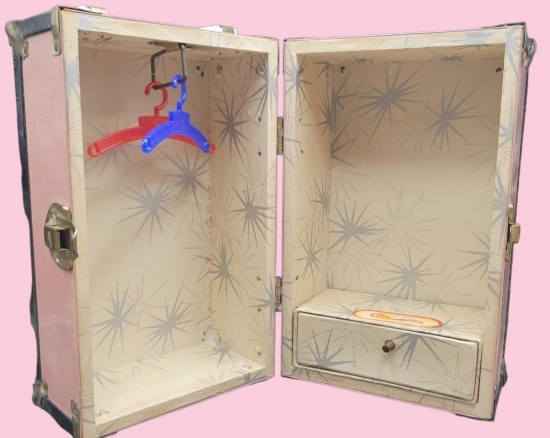 Vintage Doll Trunk Pink Metal w/Brass by Cass Toys
