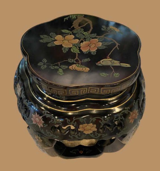 Black Lacquer Blossom Stool, Flower Motif--16 3/4"