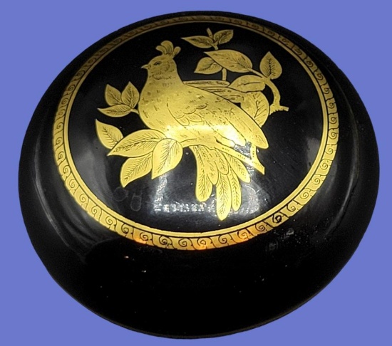 Round Black Lacquer Covered Box with Hand-Painted